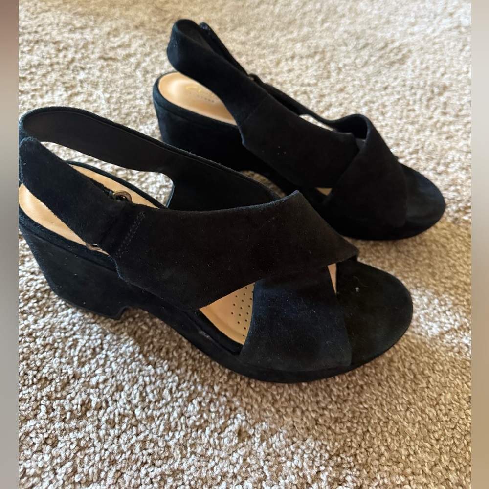 Clarks Black Suede Wedge Sandals size 8